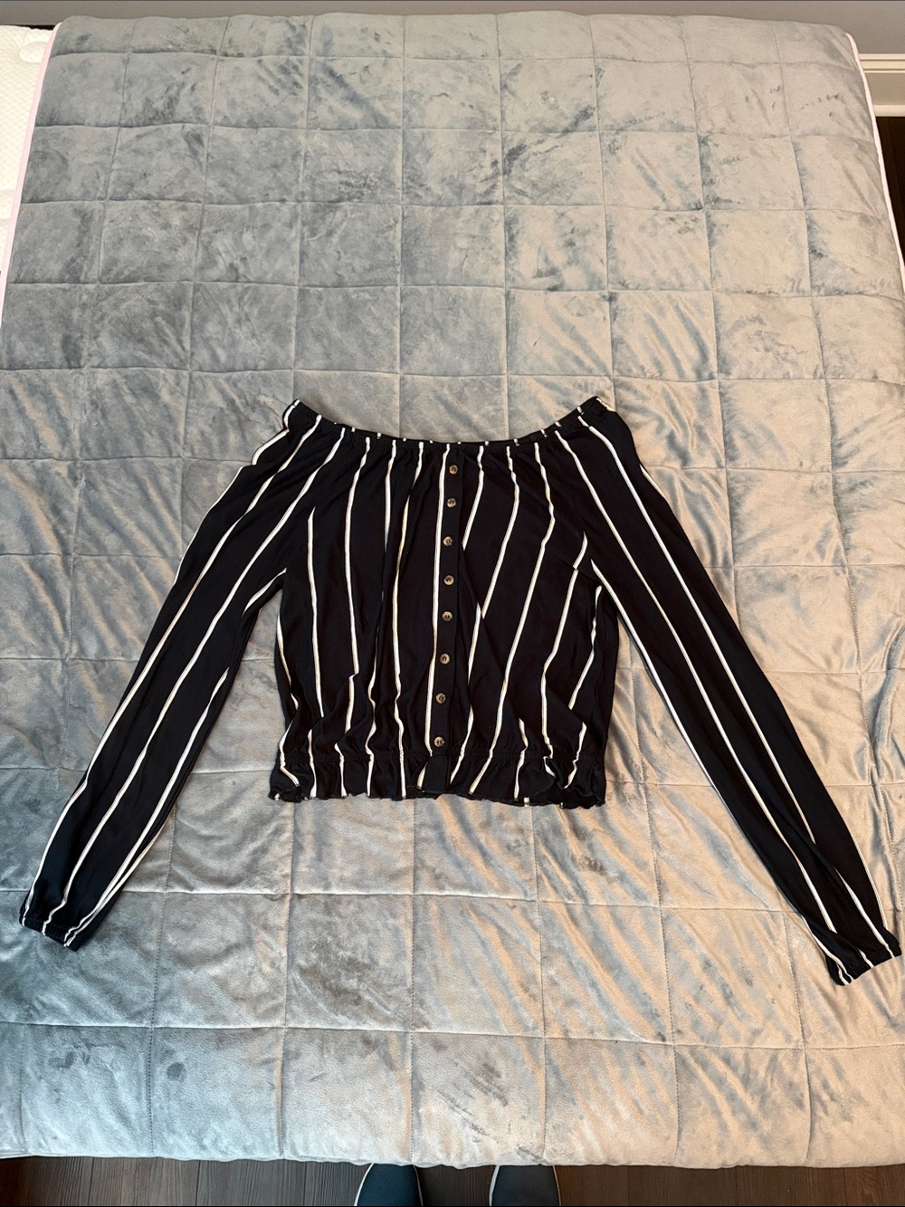 H&M Black Off-Shoulder Button-Front Blouse with White Stripes